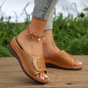 2023 New Foreign Trade Large Size Wedge Sandals Women's Wide Belt Breathable Casual Shoes Solid Color Wedge Sandals