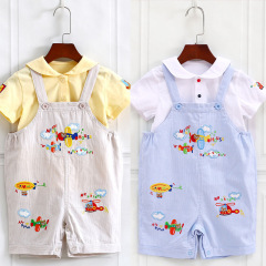 miki童裝兒童背帶褲日系男女童卡通字母飛機背帶褲短褲代發