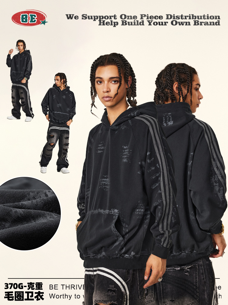 BE ropa de hombre | 2025 otoño e invierno Bajia tienda de compradores de alta calidad viento sucio pintado viejo retro suéter con capucha hombre
