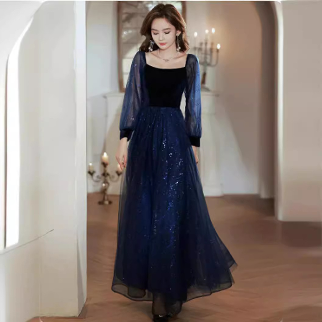 Banquet Evening Dress 2026 Spring Elegant High-End Light Luxury Niche Long-Sleeve Blue Sequin Graduation Vocal Performance Exam Dress
