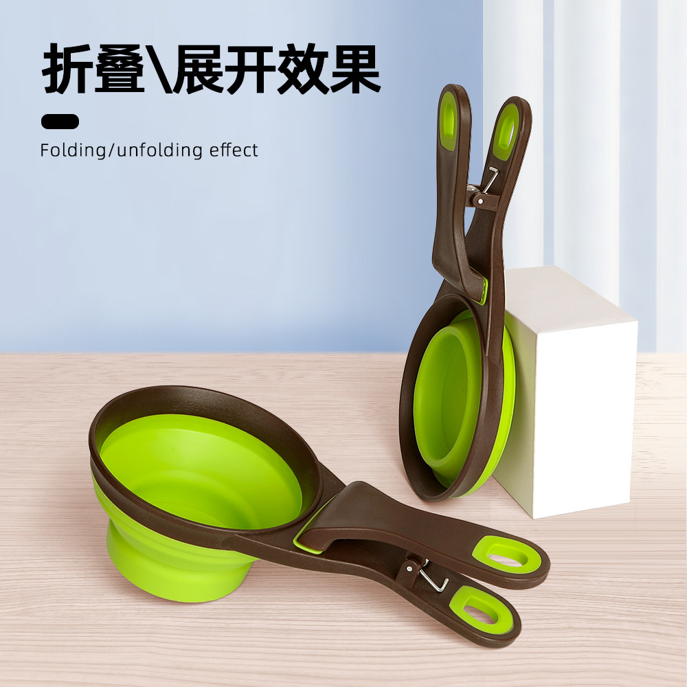 Cuchara transfronteriza multifuncional de comida para gatos plegable para almacenar comida para perros cuchara de medición y alimentación cuantitativa para perros cucina plegable para mascotas