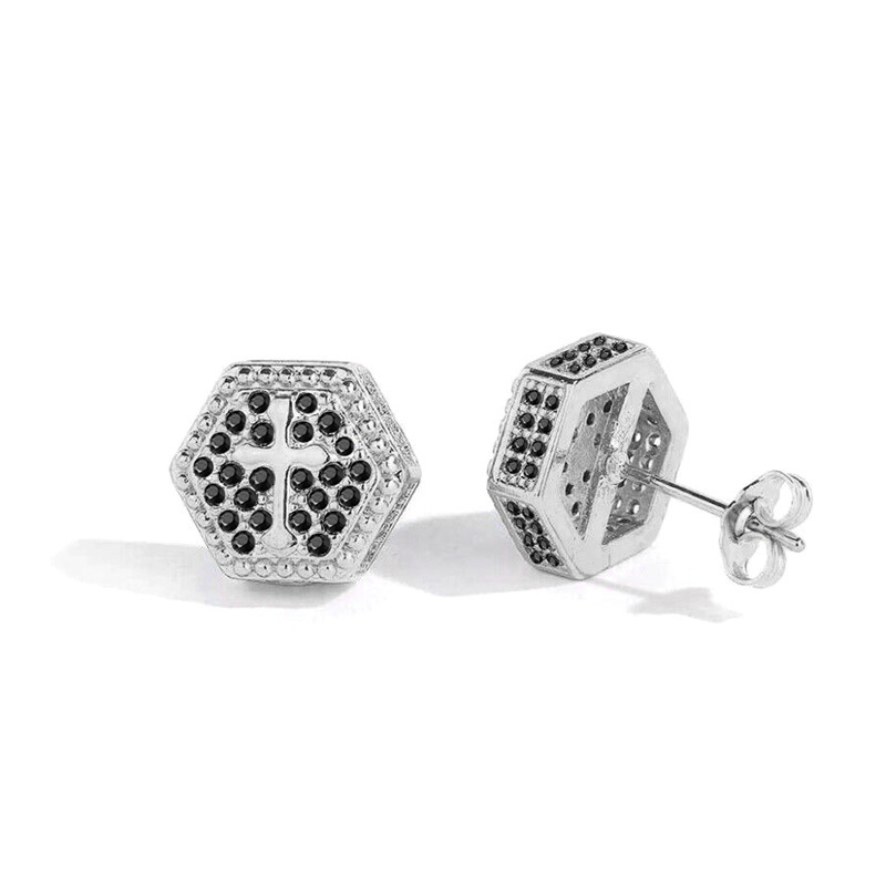 Cross Zircon Hip Hop Stud Earrings For Men Gold Plated Hexagonal_voghion.com