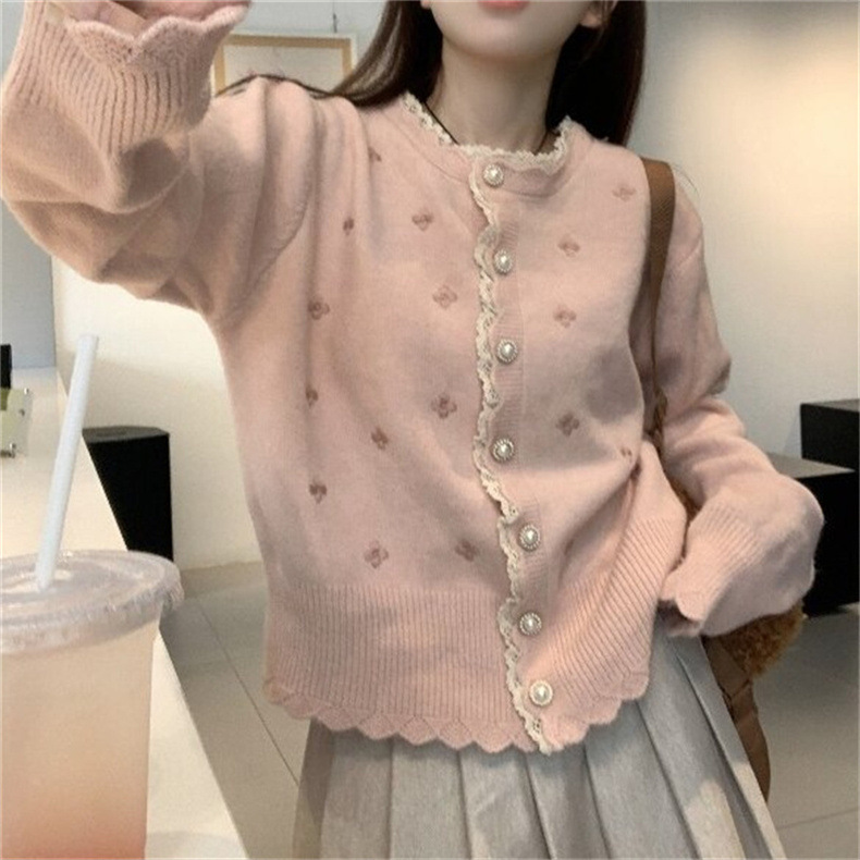 2024春秋新款拼色蕾丝拼接针织开衫女宽松设计感短毛衣外套上衣潮详情15