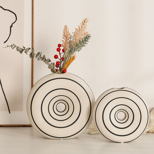 European-style minimalist black and white striped ceramic vase decorative round mouth flower holder creative living room dining room soft decoration item