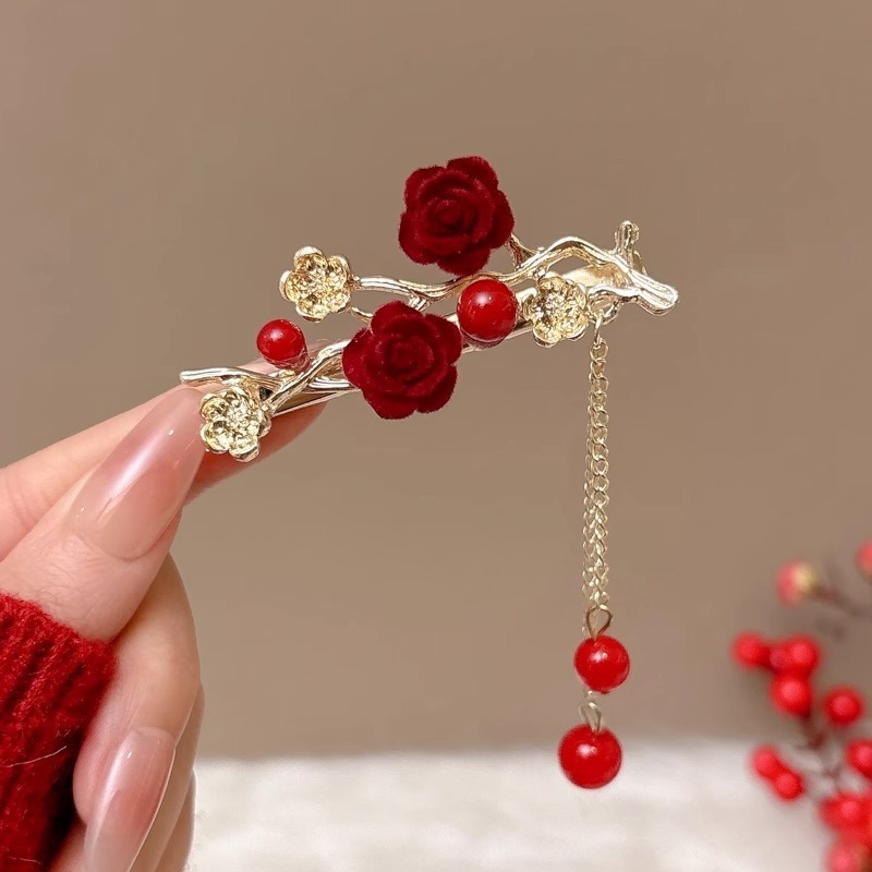 新春中式玫瑰流苏发钗新娘结婚订婚U型盘发簪后脑勺发饰|undefined