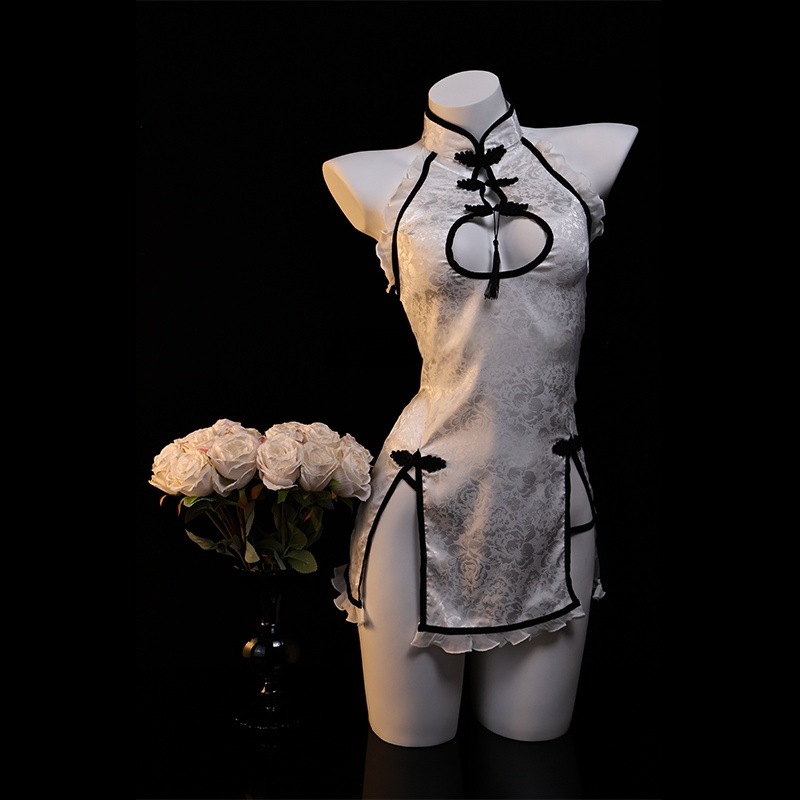 Retro New Chinoiserie Sexy Cheongsam Mesh See-Through Stitching Satin Floral Dark Pattern Cut Out Miniskirt High-End Qq