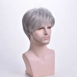 亚马逊速卖通跨境专供 男士假发短款灰色短卷发假发头套 许昌厂家