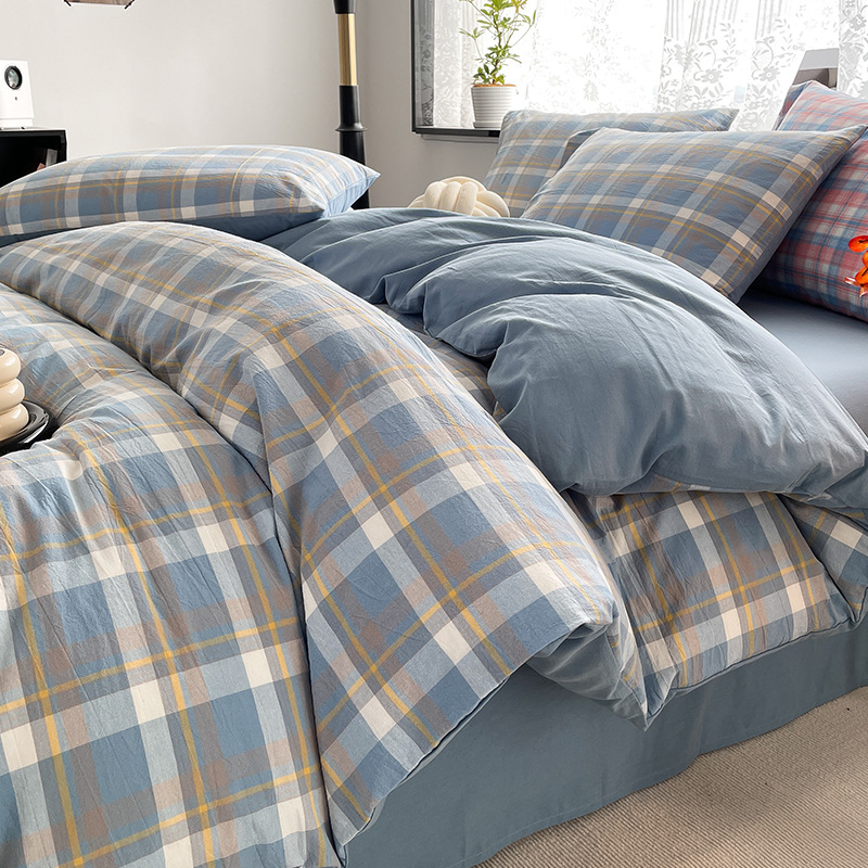 Cama de algodón lavado de algodón de cuatro piezas, sábana de algodón, funda de edredón, dormitorio de estudiantes, ropa de cama de tres piezas, ropa de cama