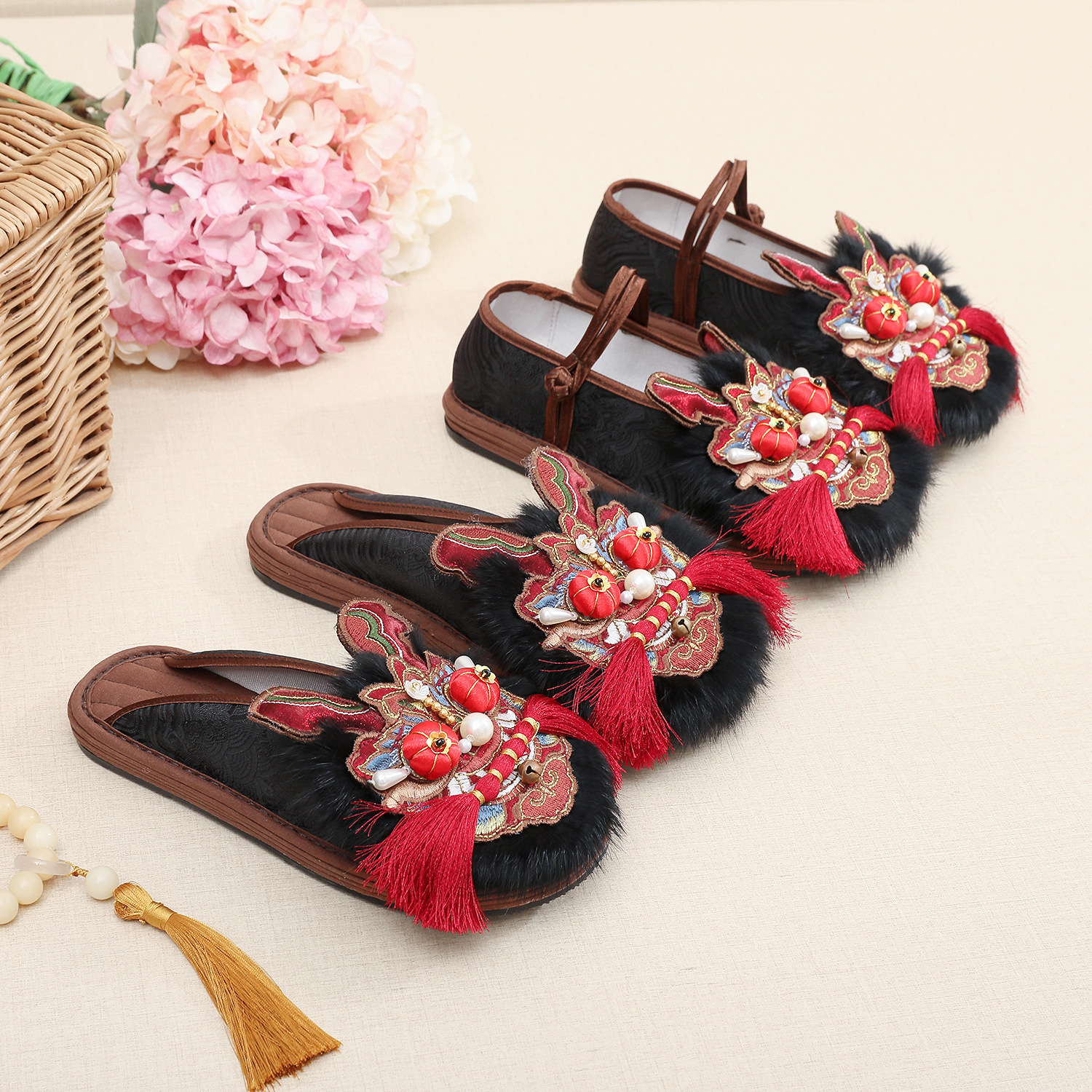 "Long Yao" 2026 New Model Handmade Original Real Fur Tiger Head Shoes, Flat Sole, Soft, Exquisitely Crafted, Intangible Cultural Heritage Women's Shoes
