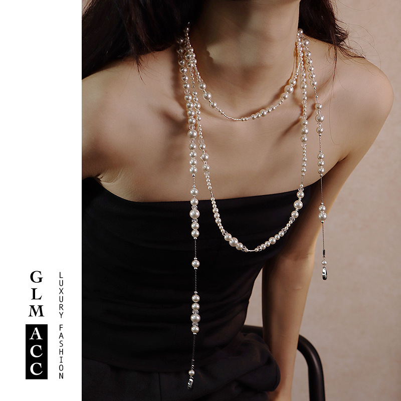 Cross-Border European and American Fragmented Layered Pearl Sweater Chain Three-Layer Asymmetric Necklace for Women French Multi-Layer Pearl Necklace