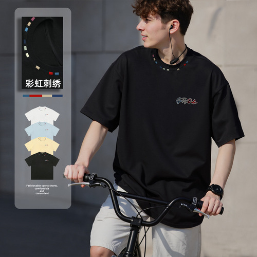 Colorful Letter Embroidered Short-Sleeve T-Shirt for Men - Summer Quality Loose American Casual Trend Brand Couple's T-Shirt