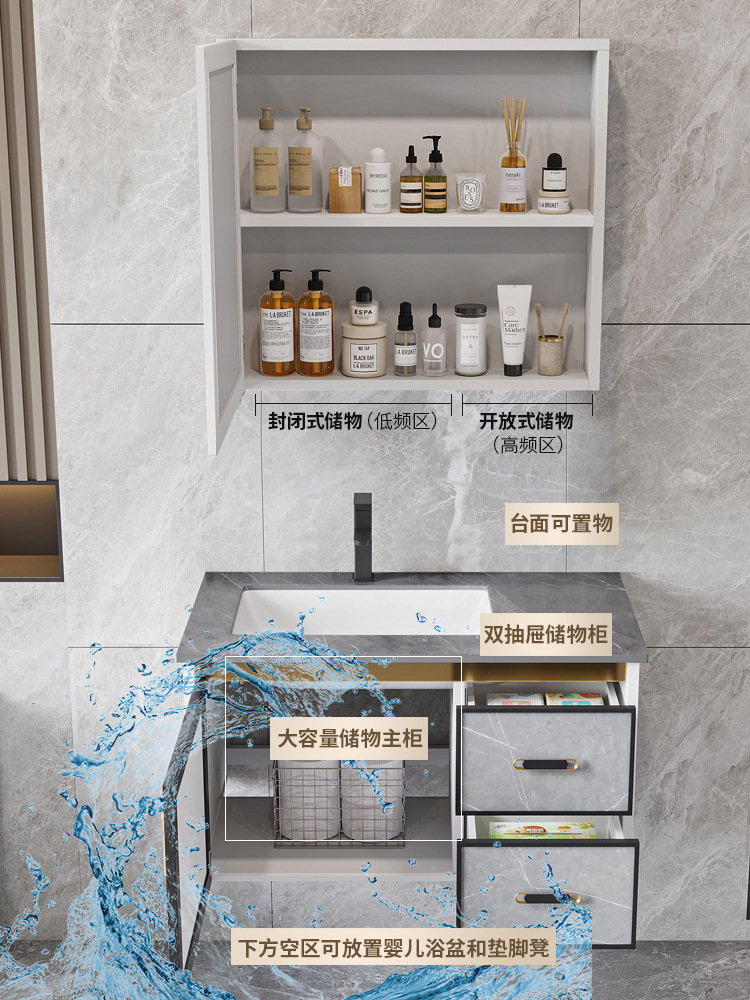 Luz de lujo espacio aluminio placa de roca baño gabinete combinación pequeño apartamento cuarto de baño lavabo mesa de lavado integrado espejo inteligente