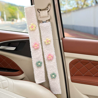 Seat belt shoulder pad – Design for Women, Made of Lamb - three-little-flowers-white-lambswool-shoulder-pads-49cm-pair