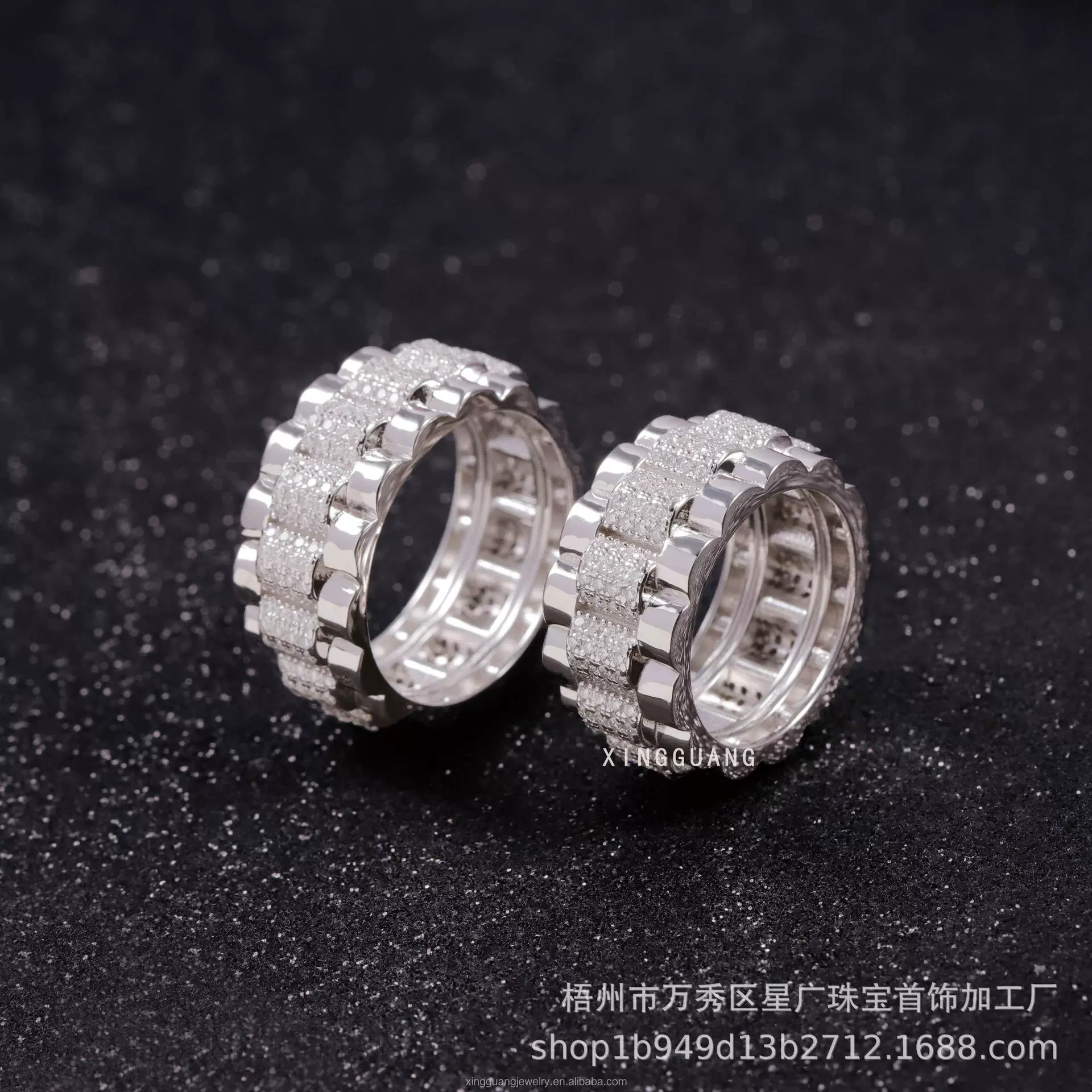 嘻哈新款男士指环银镶莫桑石欧美个性潮流饰品