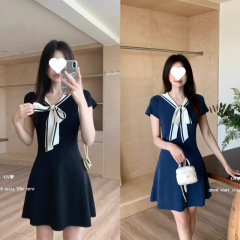 夏季气质甜美韩系学院风减龄海军领掐腰显瘦针织连衣裙女可爱文静