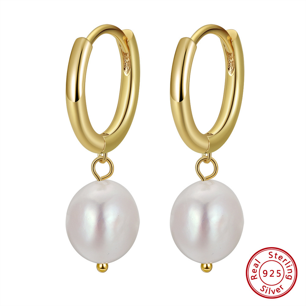 9g Weight 0.03µm Gold Plating Thickness Plated Gold Plating Process 1 Pair 925 Sterling Silver Freshwater Pearl Round Drop Earrings