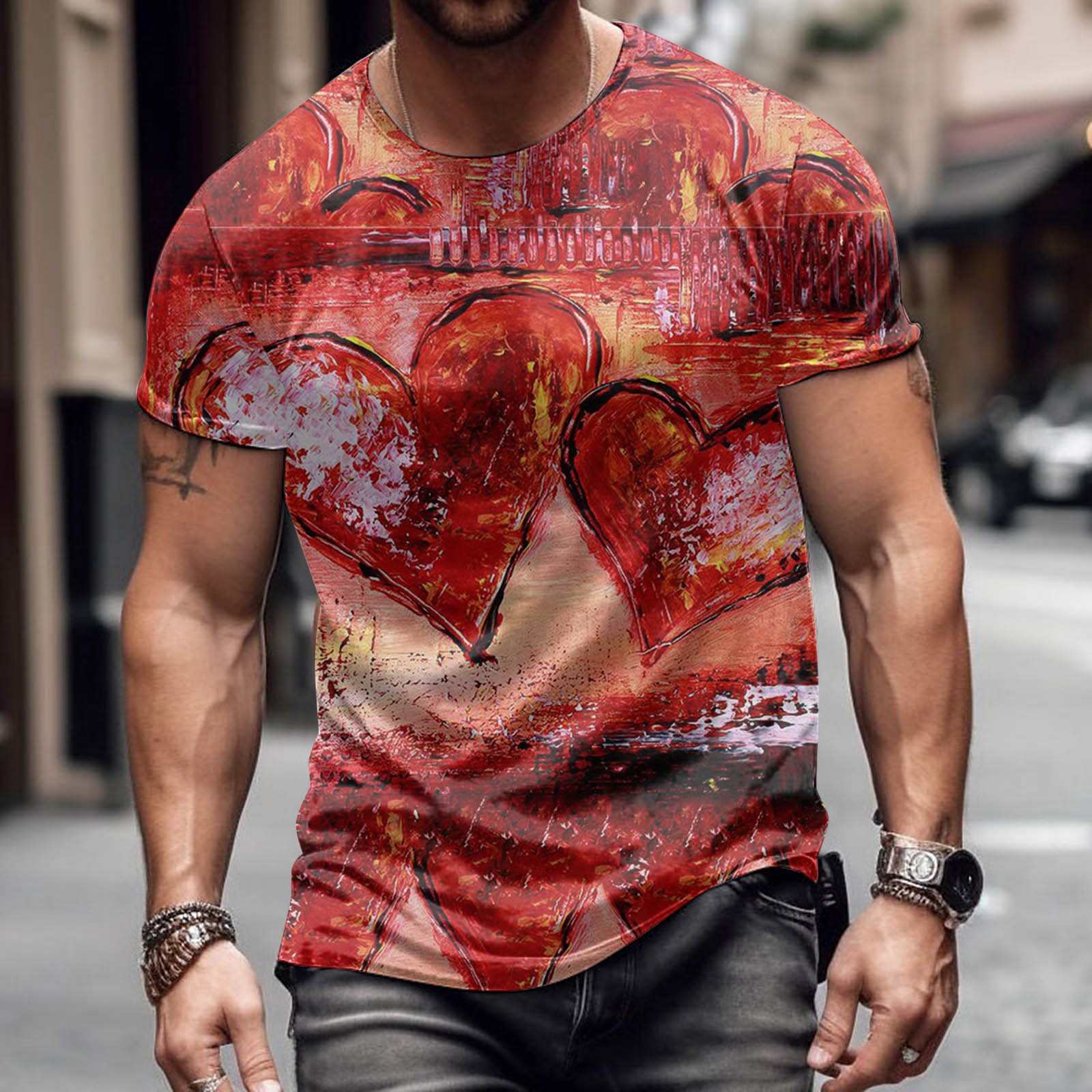 Moda romántica Día de San Valentín colorido amor 3D cepillado lleno de impresión de los hombres calle alta suelta transpirable camiseta de manga corta en stock