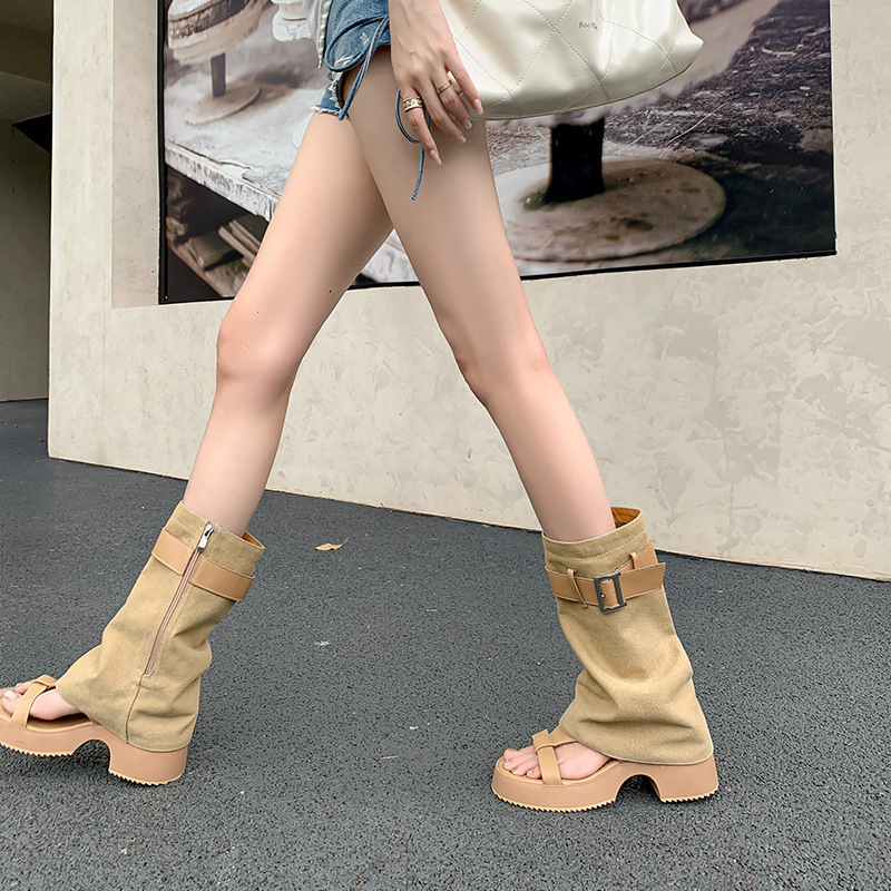 Two-wear Open Toe High-top Sandals for Summer Outer Wear Platform Sole High-heeled Sandals for Women New Pile Thick-soled Trouser Boots