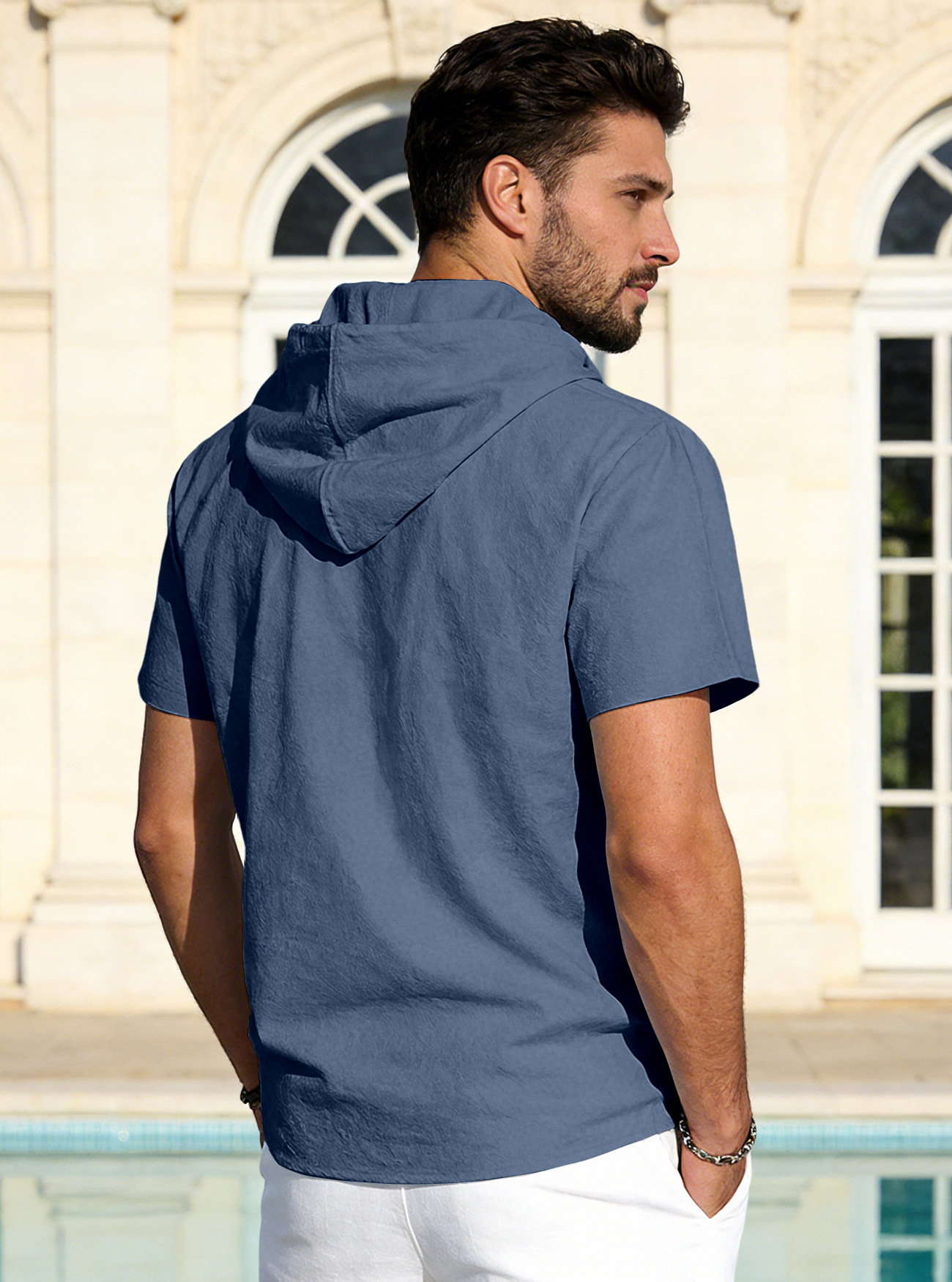 T-shirt con cappuccio in lino da uomo a maniche corte spiaggia_voghion.com