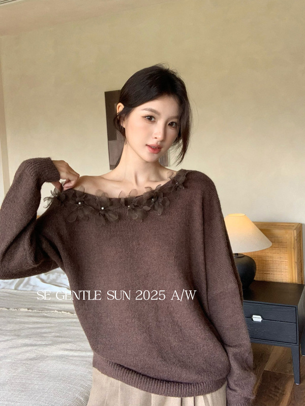 秀熙熙2025秋季新款白标宽松长袖花朵针织衫上衣小衫毛衣女25052|undefined