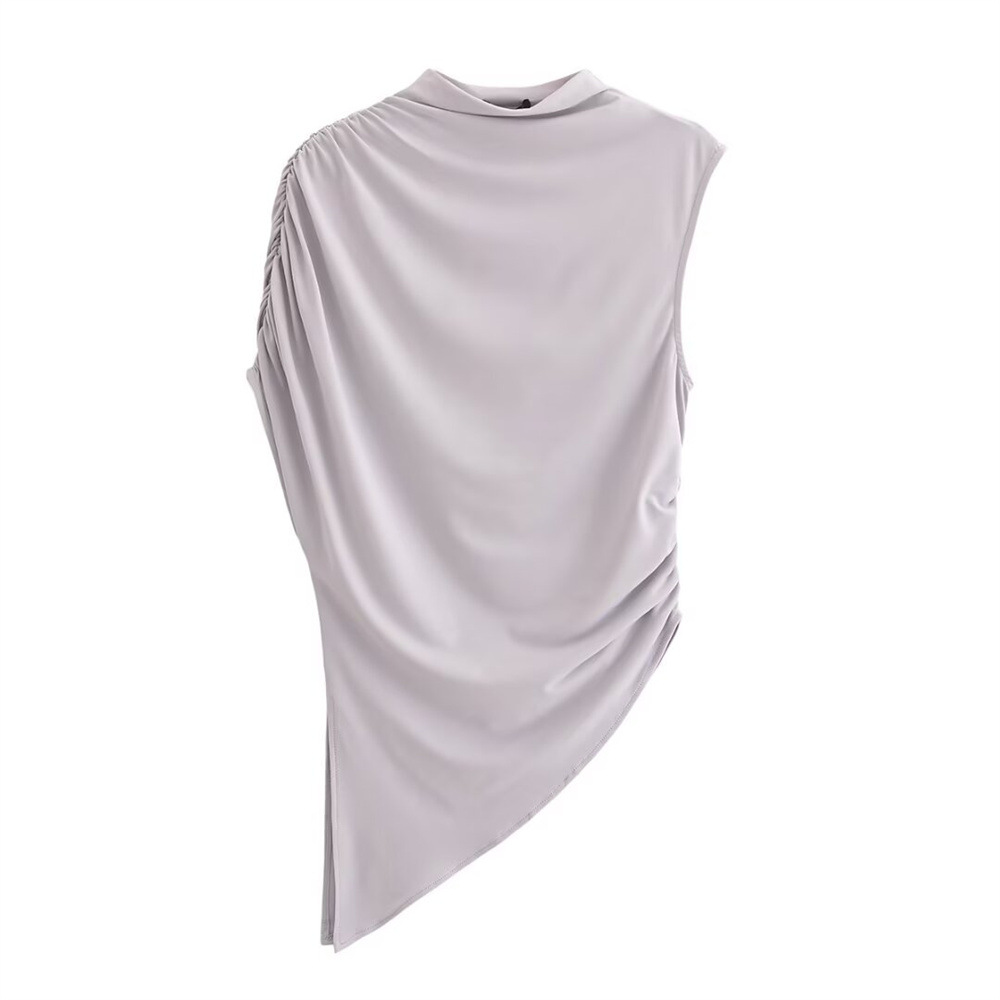 2025 spring new European and American fashion silky satin half high collar sleeveless top