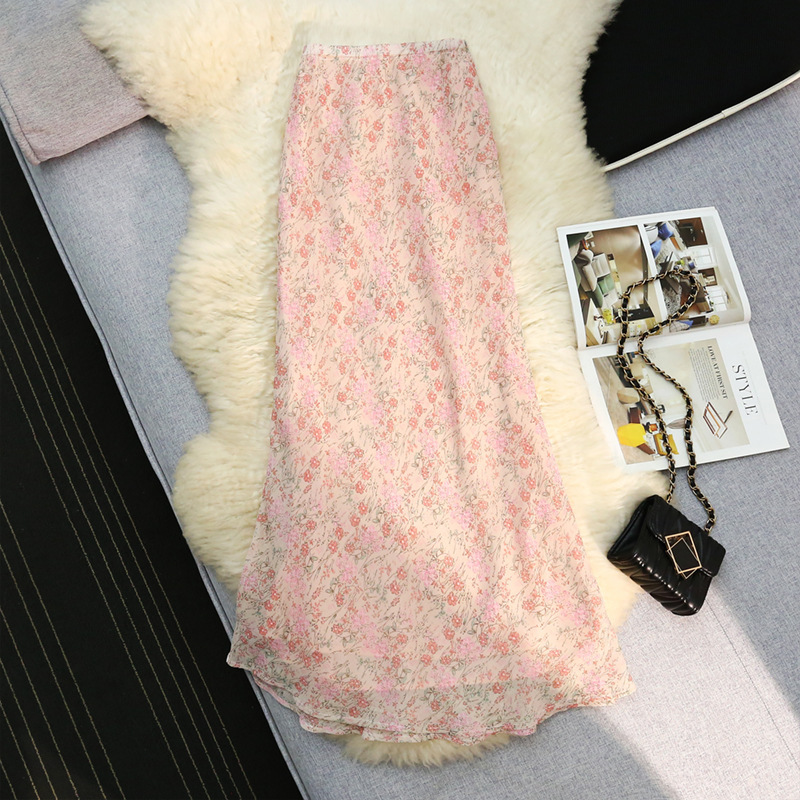 Complete Set of Tags, Tmall Quality, Five-Line Hemming, Pink Floral Print High-Waisted Mid-Length Fishtail Skirt for Women