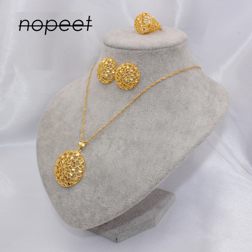 NOPEET Dubai Gold Jewelry Set African Wedding Accessories Indian Bride Necklace Earrings Ring Three-Piece Set