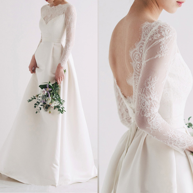 2026 Summer New Style Long-Sleeve Lace Backless Satin Wedding Dress Evening Gown Simple Travel Photography Export Light Wedding Dress 2026 Summer New Style Long-Sleeve Lace Backless Satin Wedding Dress Evening Gown Simple Travel Photography Export Light Wedding Dress