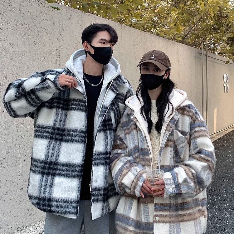 Otoño e invierno nuevo estilo americano falso abrigo a cuadros de dos piezas estilo masculino estilo nacional de moda engrosamiento cálido abrigo de lana retro con capucha