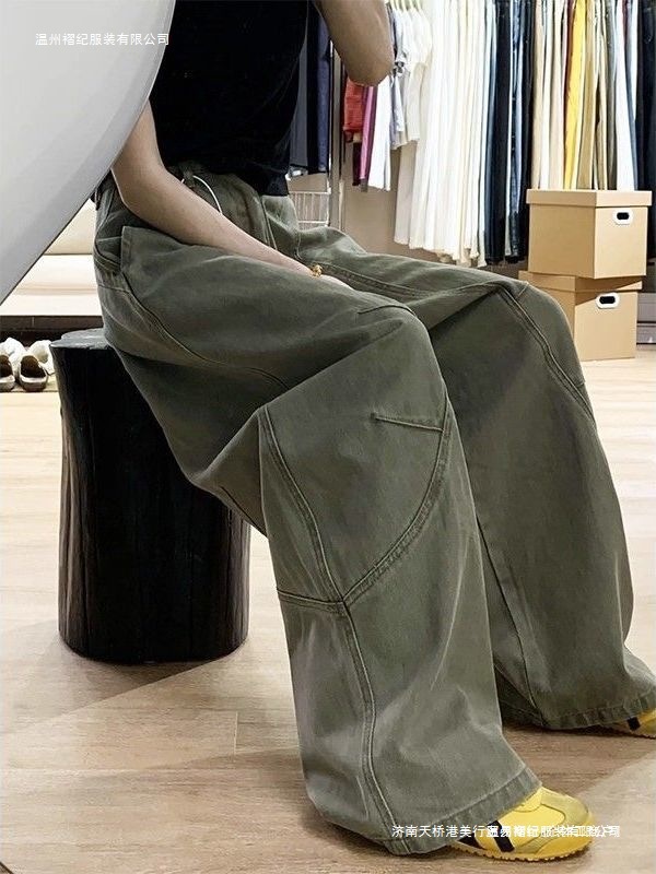 美式军绿色弯刀裤女高街松弛感2025新款秋季宽松阔腿牛仔工YL轻奢