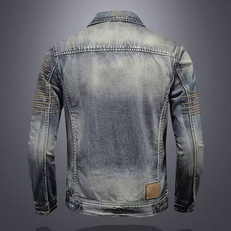 Giacca da uomo slim fit in denim vintage, stile europeo, primavera autunno, di tendenza, casual e con ricami, dal design vintage._voghion.com