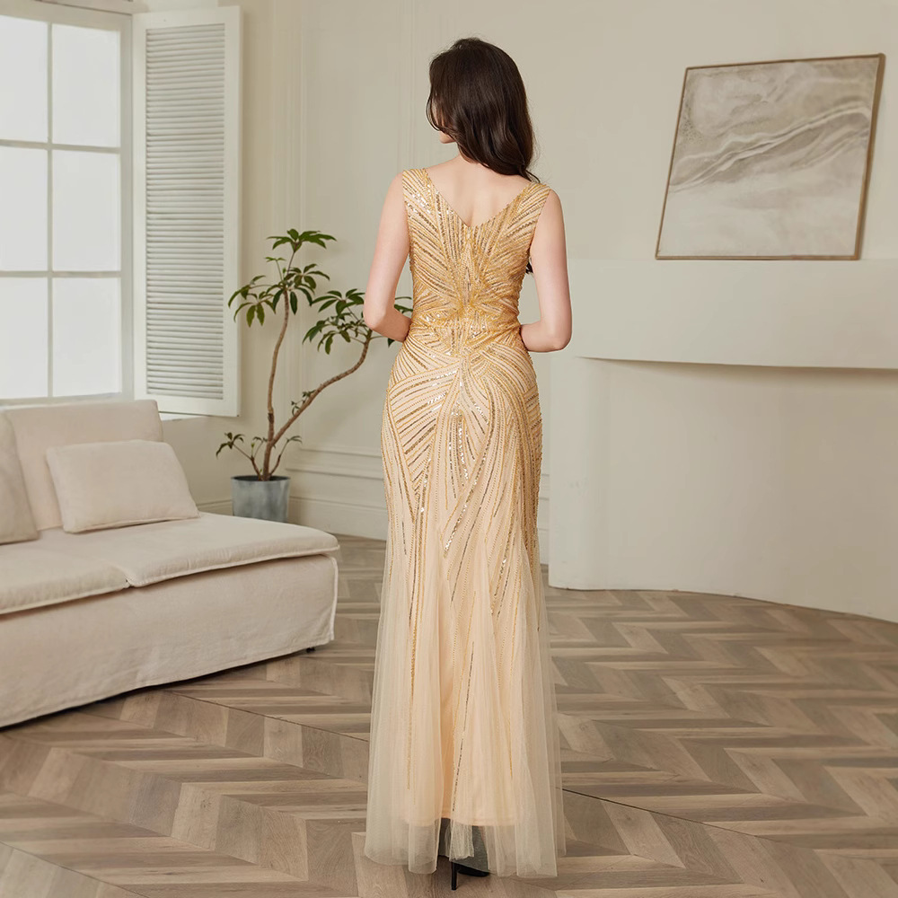Paillettenkleid, elegantes Abendkleid, europäischer und amerikanischer Stil, tailliertes Partykleid, langes Kleid_voghion.com