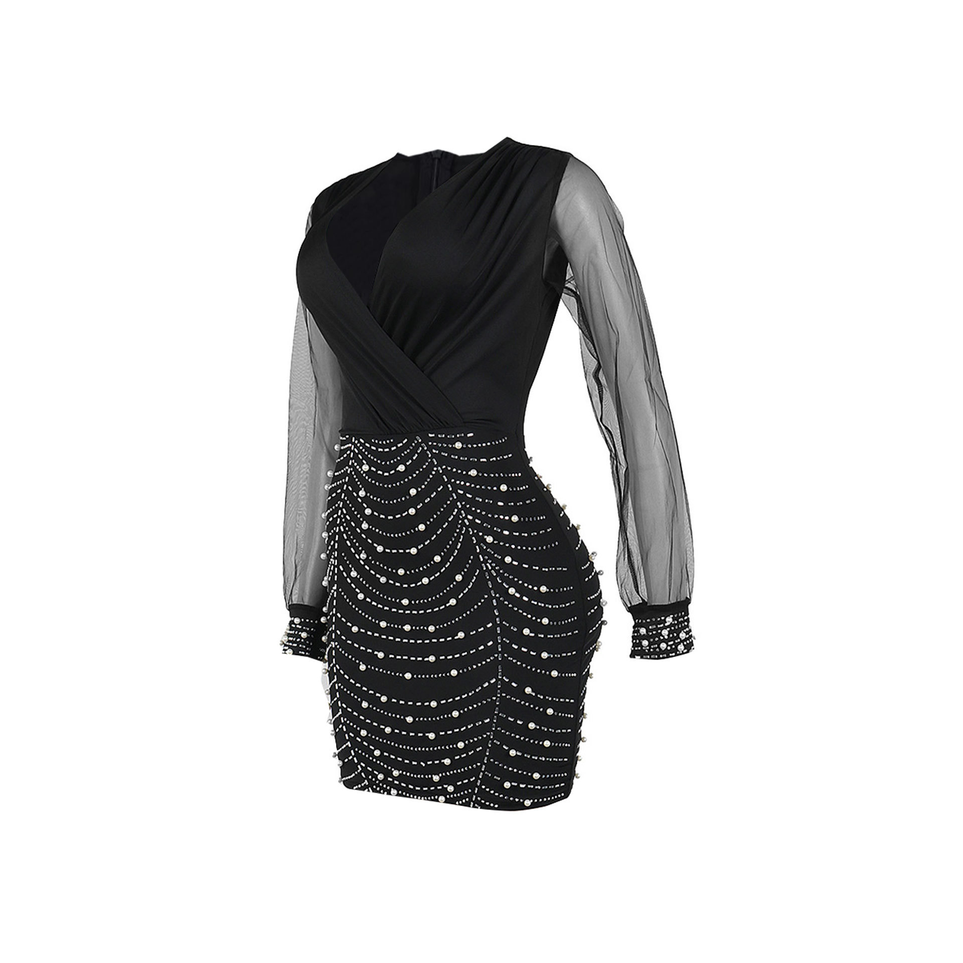 Sexy Drilling V neck Stitching See through Sleeve Hip Stretch Dress