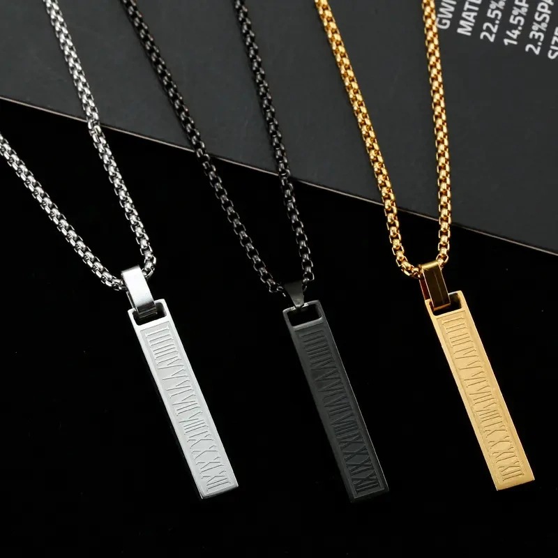 Stainless Steel Roman Numerals Retro Three-Dimensional Rectangular Bar Polished Pendant Steel Color Black Men's Geometric Necklace Wholesale