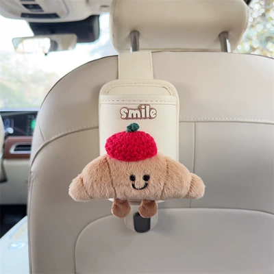 Car cup holder/beverage holder — rack, multifunctional car interior organizer - off-white-leather-cup-holder-with-hook-croissant-red-beret
