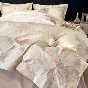 Light Luxury and High-End 160-Count Pure Cotton Four-Piece Set of Pure Cotton Bed Sheetss, Floral Embroider Quilt Cover, Fitted Bed Sheets, Bedding 4
