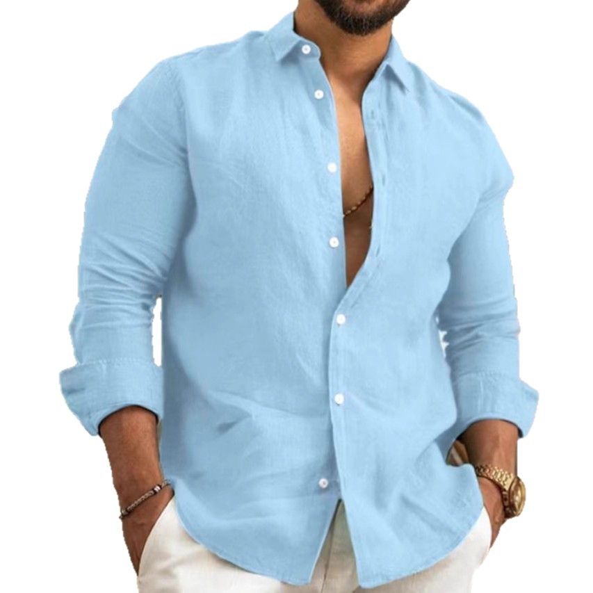 Men's Cotton And Linen Plain-Color Long-Sleeved Shirt With Collar Button, Youth Fashion Casual Style_viptrois.com