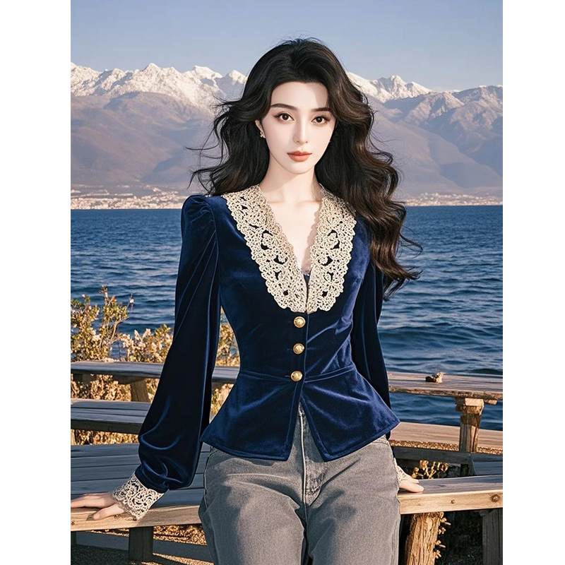 洋气高端蓝色长袖丝绒衬衫女2025秋冬季新款超好看内搭蕾丝上衣潮|undefined
