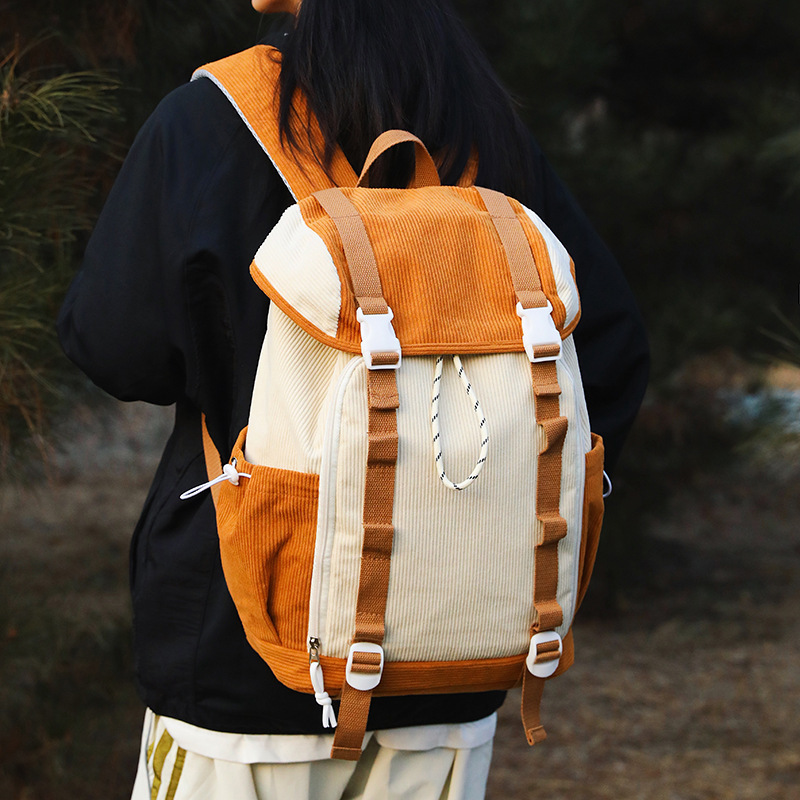 Corduroy color-block backpack, forest-themed student backpack for school, outdoor leisure travel bag, large-capacity backpack for women Corduroy color-block backpack, forest-themed student backpack for school, outdoor leisure travel bag, large-capacity backpack for women