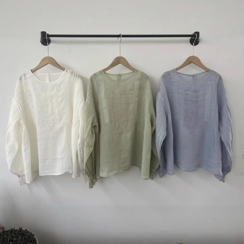 Japanese-Style Summer 100% Ramie Palace-Style Sweet Pleated Heavy Lace Sleeve Back Button Shirt Japanese-Style Summer 100% Ramie Palace-Style Sweet Pleated Heavy Lace Sleeve Back Button Shirt