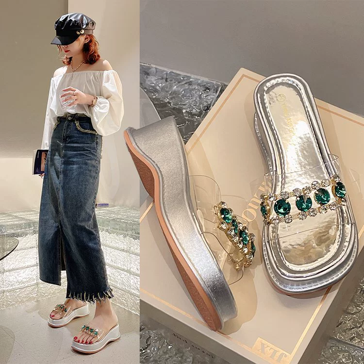 Летние шлепанцы 2025 года на толстой подошве, с квадратным носком, повседневные, модные, универсальные пляжные сандалии, тапочки со стразами и кристаллами