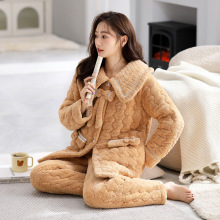 睡衣女冬季三层夹棉袄珊瑚绒加绒加厚法兰绒中长款家居服套装冬天