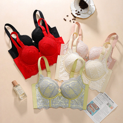 複古蕾絲紅豆杉裏料文胸上薄下厚聚攏杯火山石院線內衣上托舒適