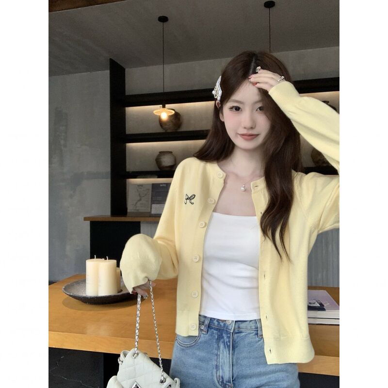 Korean Age-Reducing Bow Embroidered Knitted Cardigan for Women in Early Spring Yellow, Gentle and Beautiful Purple Short Top