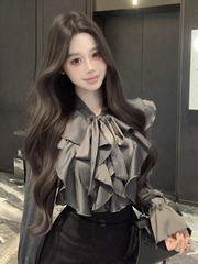 秋季新款韩系通勤荷叶边气质系带长袖上衣包臀半身裙时尚两件套装