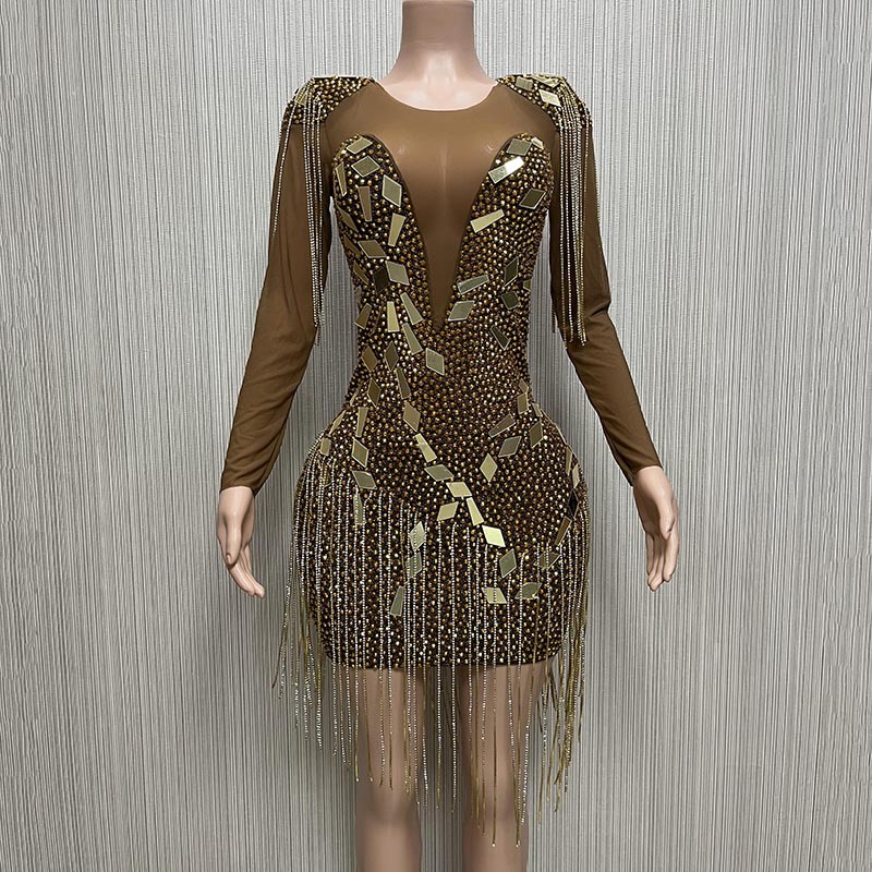 Fábrica de ropa brillante cristal borla sequined sexy vestido las mujeres del club nocturno partido caliente sexo baile Falda corta