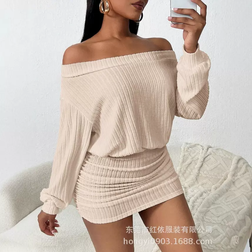 女式毛绒磨毛连衣裙秋冬季shien欧美女装新款性感露肩包臀短裙女