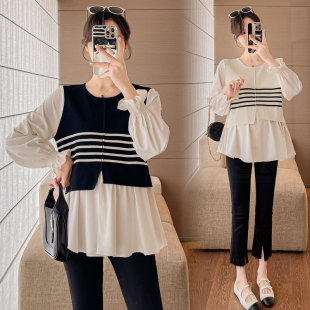 2025 New Maternity Spring Loose Striped Top Stitching Design Sense Fake Two-piece Shirt Pregnant Women's Doll Shirt