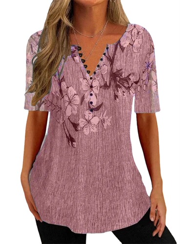 【Cross-border European and American Women's Fashion Amazon  Summer Loose V-neck Short-sleeve Pleated Button-down Shirt】