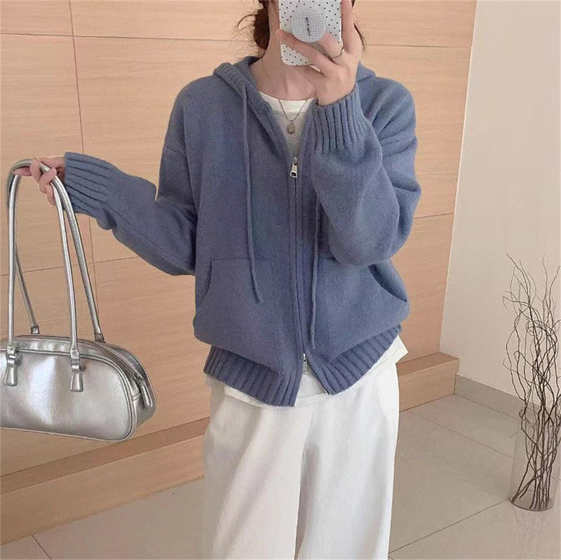纯色连帽拉链毛衣外套女穿搭秋冬新款慵懒风感针织开衫上衣女|undefined